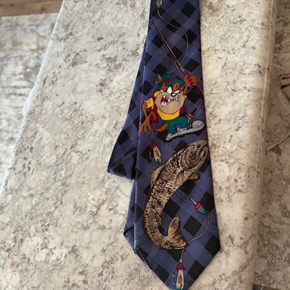 Vintage 1994 Looney Tunes Taz Mania Character Tie Fishing Taz  56 Inches Navy - Picture 2 of 6